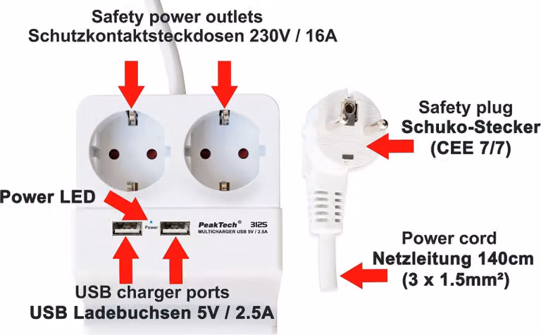 PeakTech P 3125 - Presa di corrente da tavolo con 2 x 230 V Schuko e 2 x caricatore USB con 2,5 A max.