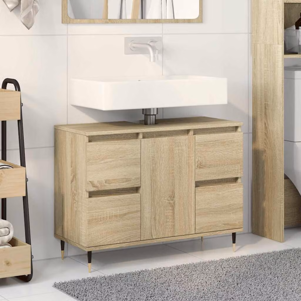 Mobile da bagno vidaXL in legno Rovere Sonoma marrone con ante e cassetti L 80 x P 33 x H 60 cm