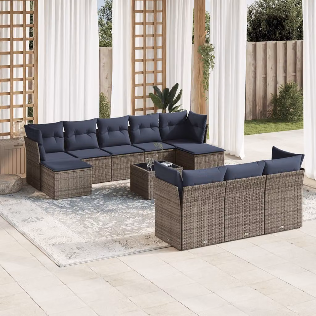 Set di divani da giardino vidaXL in polyrattan grigio con 11 pezzi e cuscini inclusi