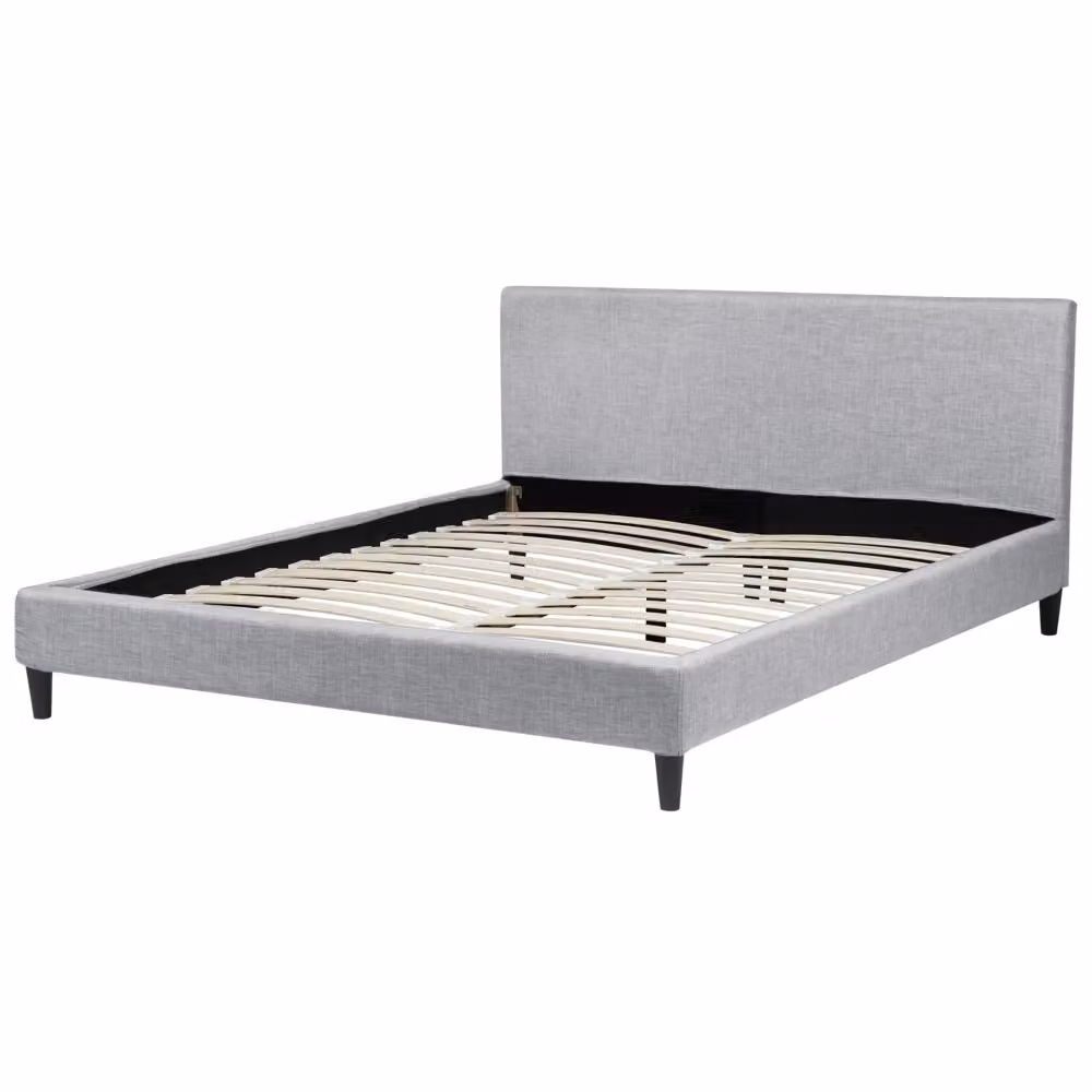 Letto Beliani in tessuto grigio con struttura in legno di pino e doghe a ressort L/P/H: 160 x 200 x 214 cm – 2