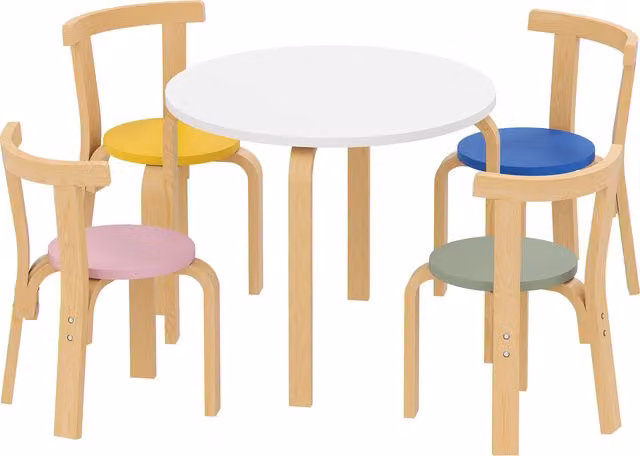 Set Tavolo e Sedie per Bambini AIYAPLAY in Legno di Pino Multicolore con Bordi Arrotondati, 5 Pezzi
