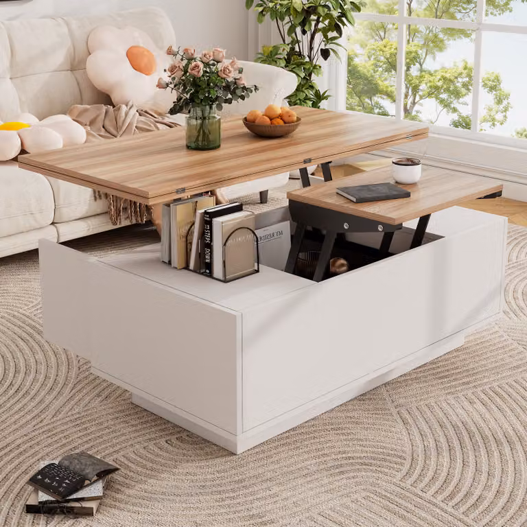 okwish Tavolo da conferenza, mobile da cucina, tavolo per il tempo libero/tavolino da caffè con contenitore nascosto, con doppio meccanismo di sollevamento, Bianco + Naturale