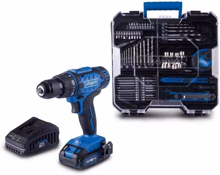Trapano avvitatore a batteria Scheppach IXES, 20V, tecnologia agli ioni di litio, 2 velocità, 50 Nm, 74 accessori