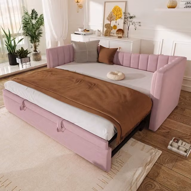 Letto REDOM con letto estraibile e cassetti in velluto rosa L/P: 90 x 200 cm