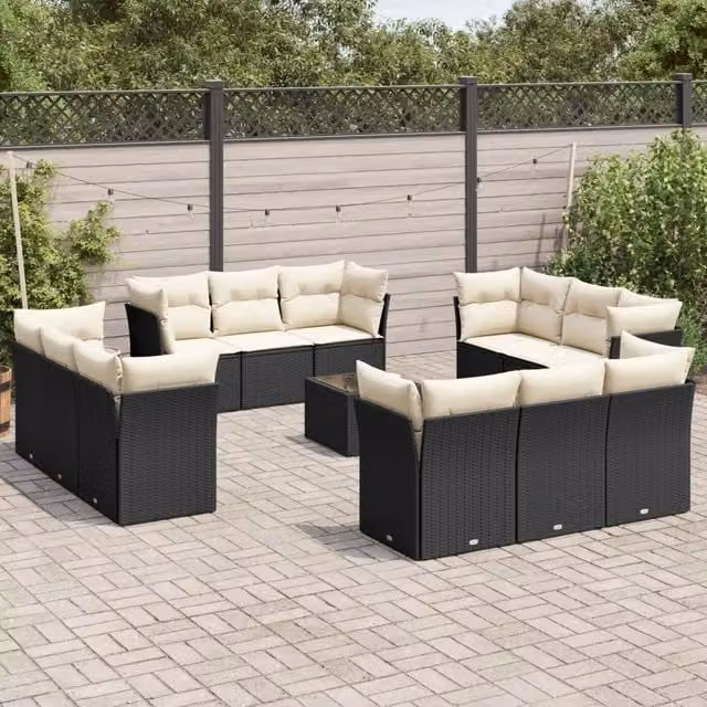 Set di Divani da Giardino VIDAXL a Forma di U in Polyrattan Nero con 13 Cuscini – 1