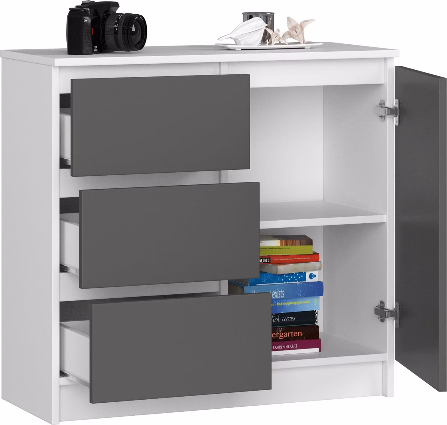 BDW, cassettiera, 3 cassetti, 1 anta, armadio, credenza, bianco / grigio