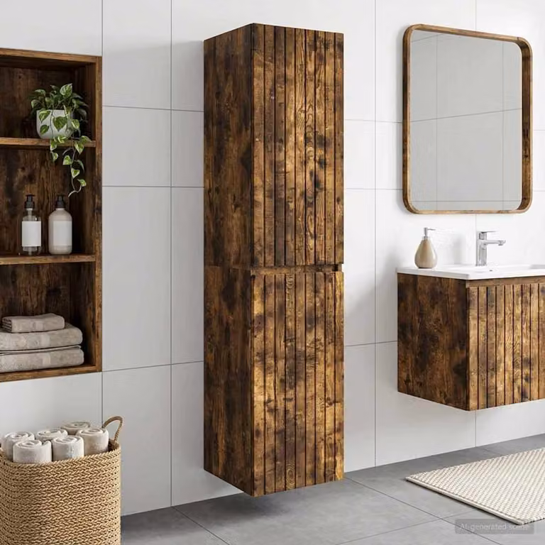 Mobiletto da Bagno a Muro Moderno vidaXL in Rovere Fumo Marrone con Ante a Battente e Ripiani Interni L: 33 cm, P: 34,5 cm, H: 160 cm