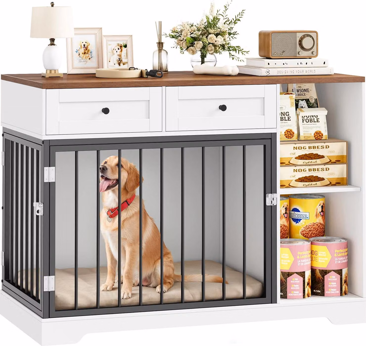 Mobili per cani - Gabbia in legno da 120 cm - Cuccia per cani da interno XXL - Per cani di taglia media - Porta a doppia apertura - 2 cassetti e 2 scomparti - Credenza - Bianco e marrone