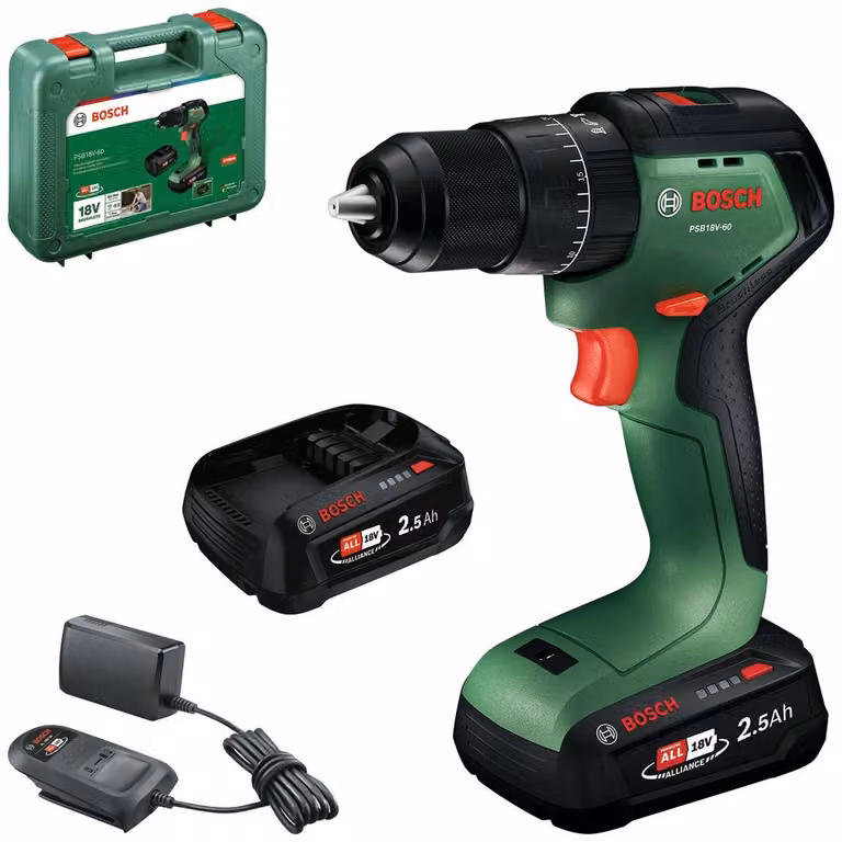 Trapano avvitatore a batteria PSB18V-60, con 1 batteria PBA 18V 2.5Ah, fornito in valigetta