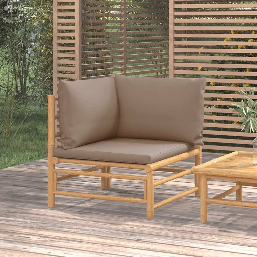 vidaXL Divano Angolare da Giardino in Legno di Bambù con Cuscini Imbottiti Beige e Grigio