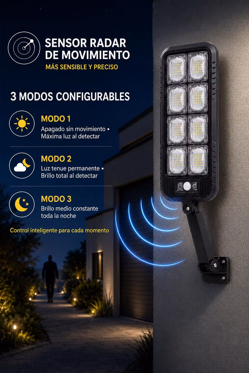 Lampada solare da esterno con sensore di movimento a radar, dotata di 8 LED, 1250 lumen, telecomando, funzione di regolazione dell'intensità luminosa e grado di protezione IP44