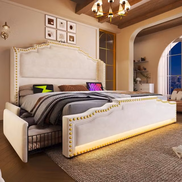 Letto Imbottito Contenitore 140x200 con LED ¨C MINIMAL ¨C Velluto Beige, 4 Cassetti, Doghe