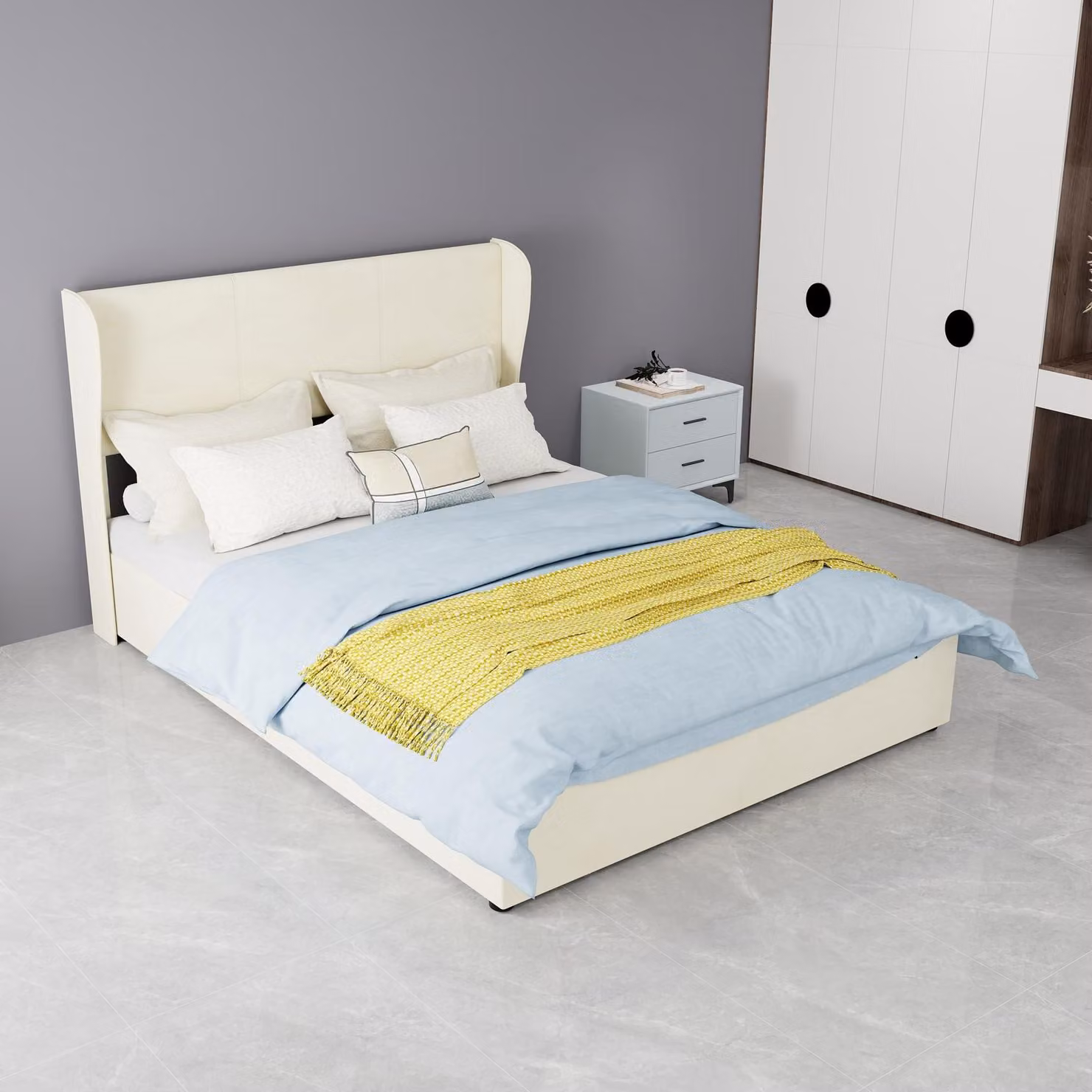 Letto imbottito 160x200 cm, grigio, in cotone, con spazio contenitore idraulico, testiera imbottita con porta USB di tipo C e illuminazione LED a 3 lati