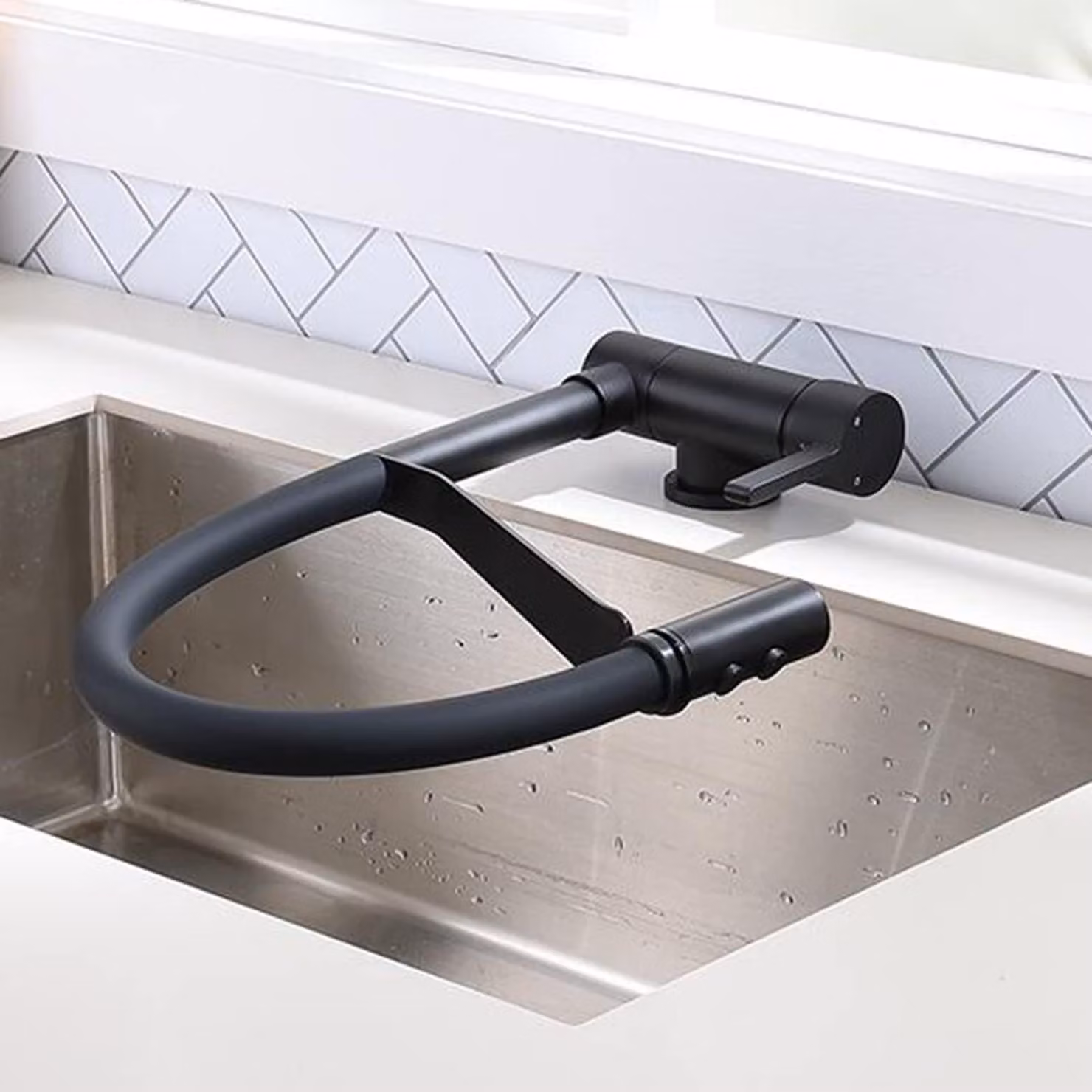 Rubinetto da cucina pieghevole, in ottone, colore nero, girevole a 360°