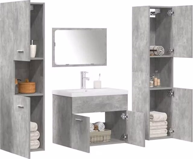 Set Mobili da Bagno Moderno vidaXL in Legno e Vetro, Colore Grigio e Bianco, Composizione con Mobile Lavabo, Pensile e Armadietto Specchio