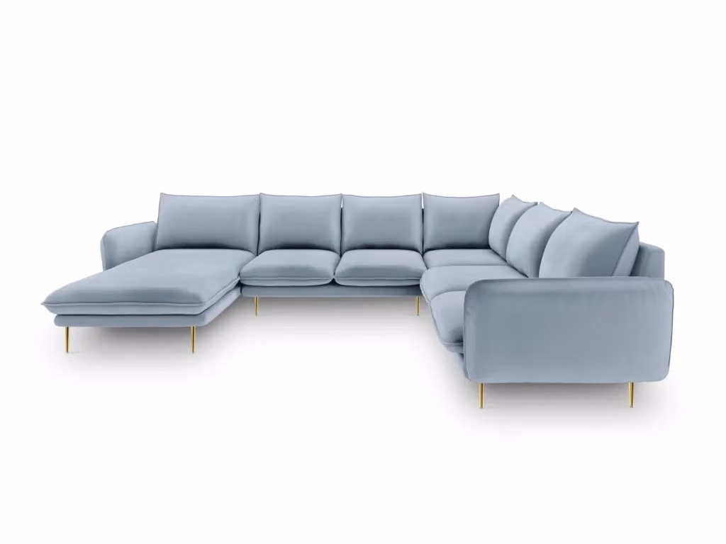 Divano panoramico destro Vienna Cosmopolitan Design a 7 posti in velluto azzurro L: 330 cm, P: 158 cm, H: 95 cm – 2