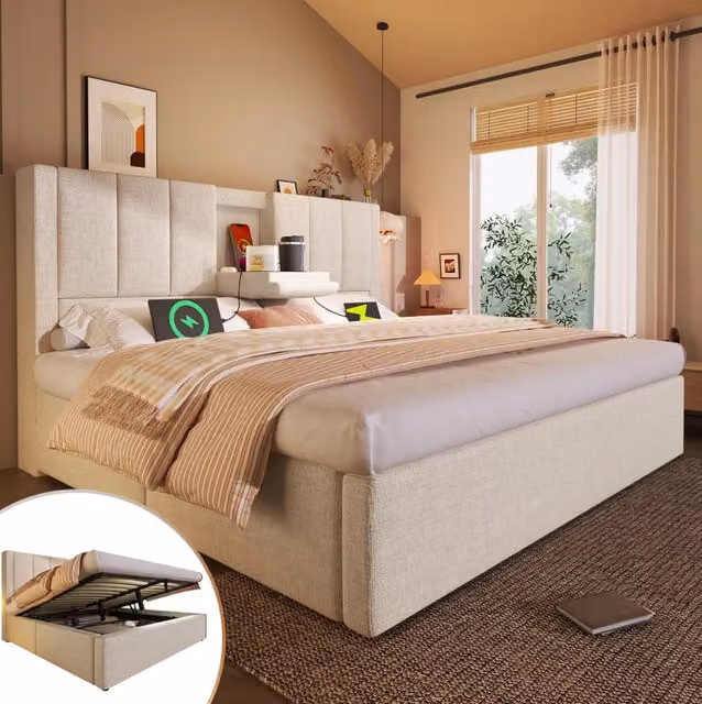 Letto imbottito beige 140x200 cm con supporto idraulico, spazio contenitivo, portabicchieri nascosto e stazione di ricarica USB inclusa, con rete a doghe (senza materasso)