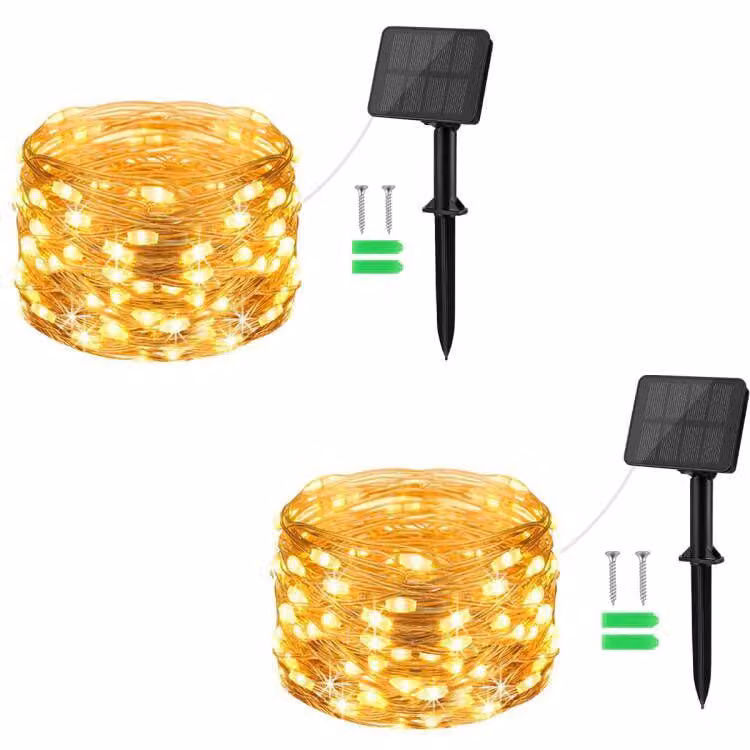 Set di 2 catene luminose solari, lunghezza 5 metri, 50 LED bianco caldo, grado di protezione IP65, 8 modalità, filo di rame