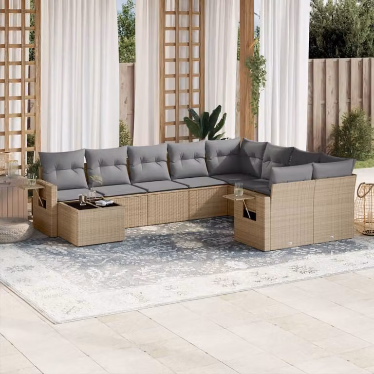 Set Divano da Giardino vidaXL 10 pz in Polyrattan con Cuscini Beige e Tavolino