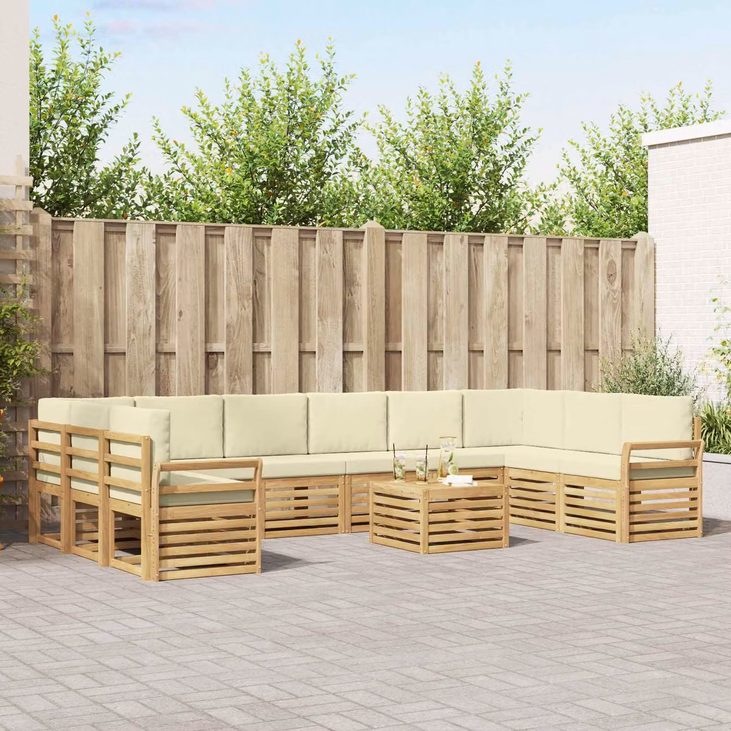 Set di divani da esterno vidaXL 11 pezzi a forma di L con tavolino, colore bianco e beige, in legno di acacia e tessuto resistente ai raggi UV