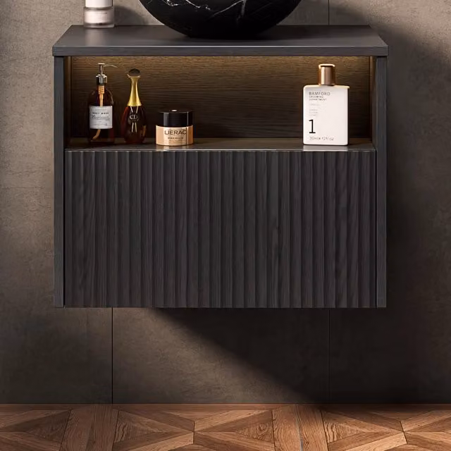 Armadietto da bagno sospeso con cassetto frontale in legno massello struttura in compensato multistrato nero per bagno