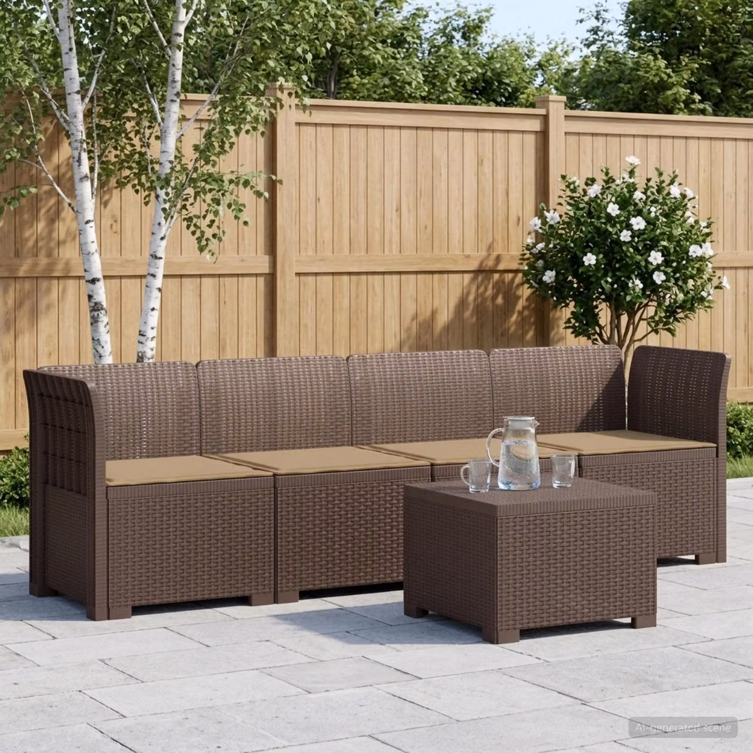 Set da giardino vidaXL moderno a forma di L con divano a 3 posti, elemento angolare e tavolino, colore marrone e beige, resistente alle intemperie e ai raggi UV