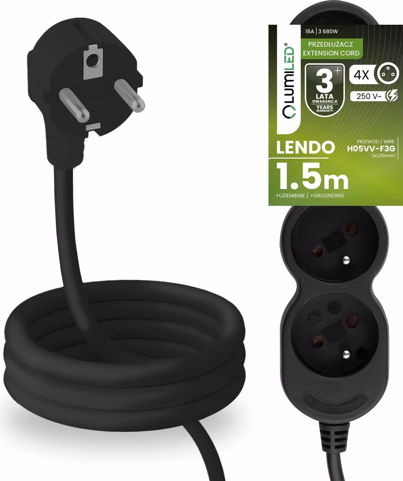 Presa multipla LUMILED Presa multipla 4 volte tipo E, cavo da 1,5 m H05VV-F3G nero Presa multipla E 16A 3680W 250V IP20 Staffa per sospensione