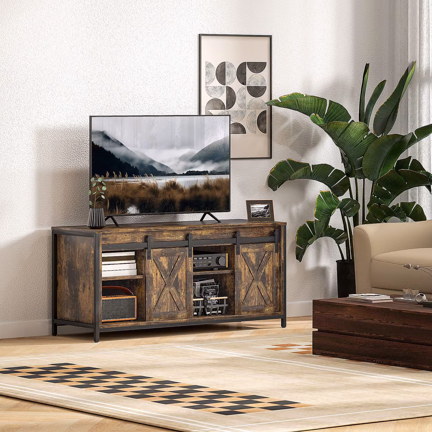 Mobile TV HOMCOM in stile industriale con 6 scomparti e 2 porte scorrevoli per TV fino a 152,4 cm, Marrone e Nero, H 86 cm x L 43 cm x P 31 cm – 2