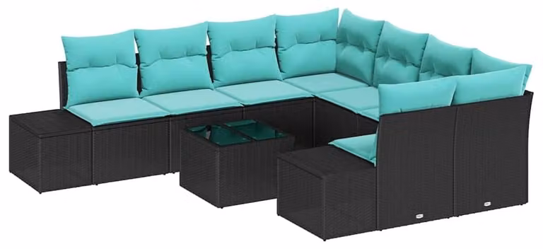 Set di divani da esterno, 9 pezzi, colore nero, materiale: rattan sintetico