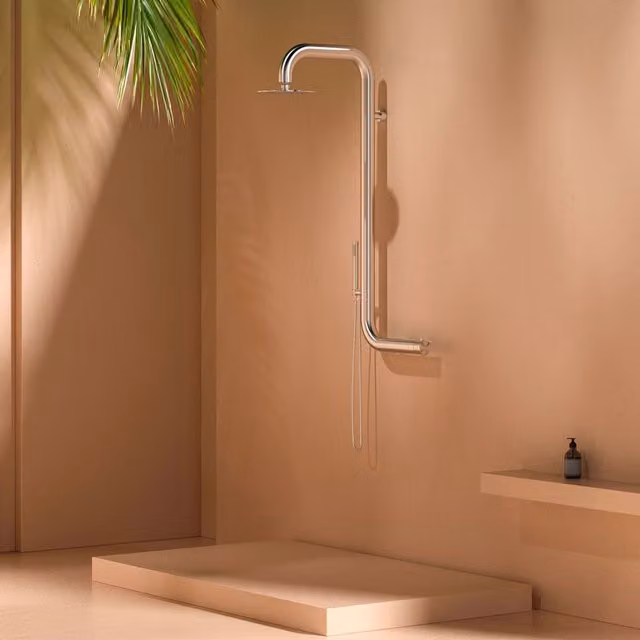 Doccia a Parete SINED Cabras in Acciaio Inox 316L Satinato Argento con Miscelatore e Soffione Ampio per Interni ed Esterni – 1