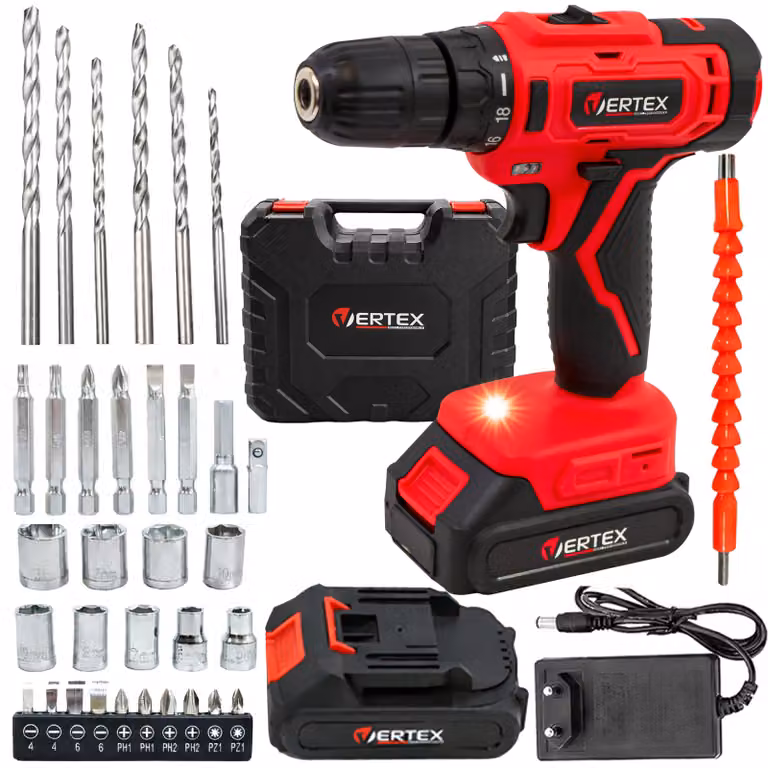 Trapano Avvitatore 18V a Batteria 2 Batterie con Valigetta e Accessori 37pz LED Set Completo per Casa e Fai da Te - VERTEX