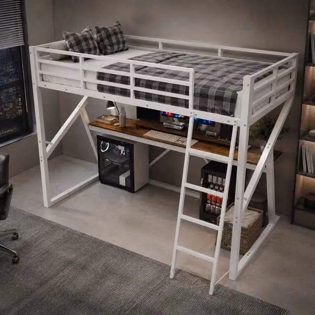 Letto a soppalco ULEVR 90x200 cm con scrivania, scala, sponde e LED multicolore, metallo e MDF bianco