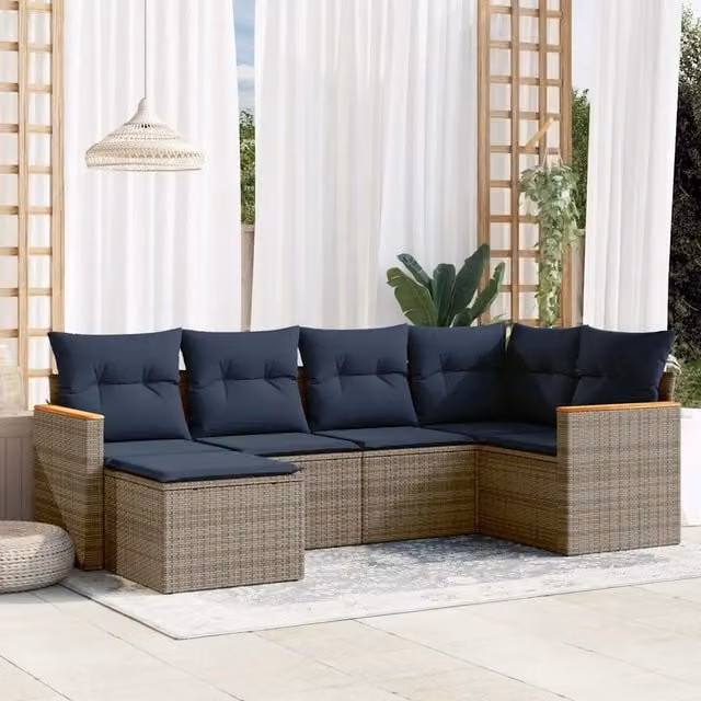 Set di Divani da Giardino a L vidaXL in Polyrattan con Cuscini Blu e Grigio – 1