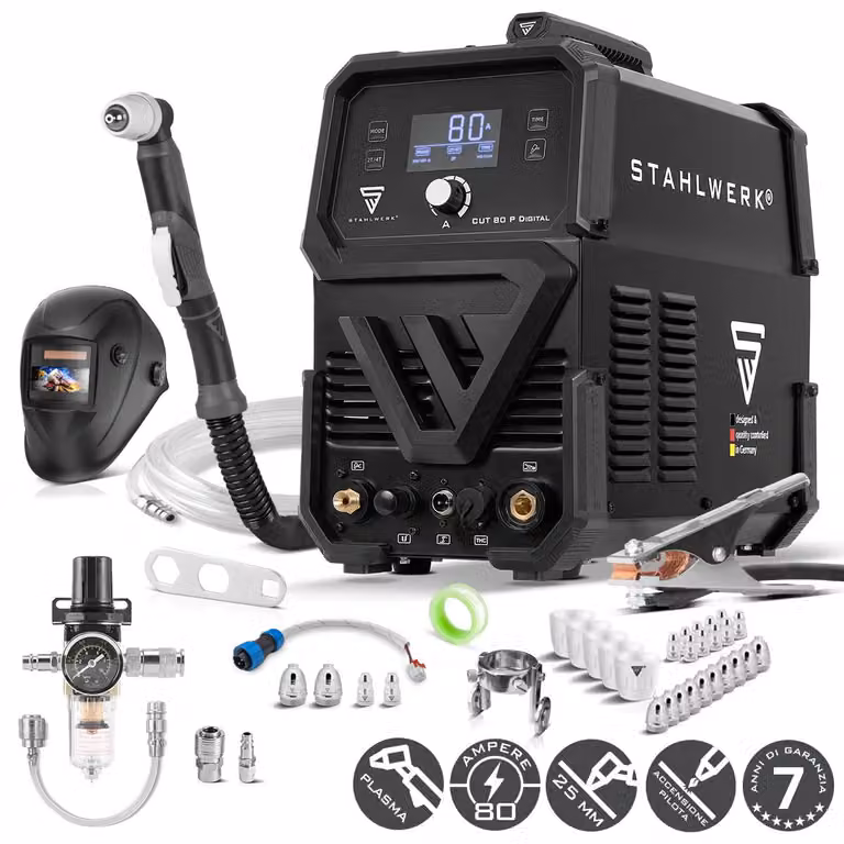 STAHLWERK Taglierina al plasma CUT 80 P Digital - Completamente equipaggiata - Taglierina al plasma da 80 A, capacità di taglio fino a 25 mm, inverter con accensione pilotata HF