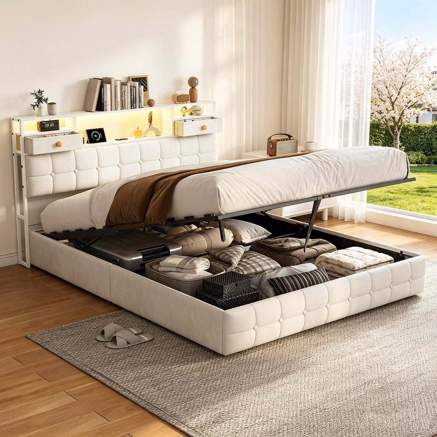 Letto con boxspring INONEFT, imbottito, 160x200 cm, con LED e USB/C, letto idraulico con spazio contenitore, struttura letto matrimoniale con rete a doghe, in velluto, color beige