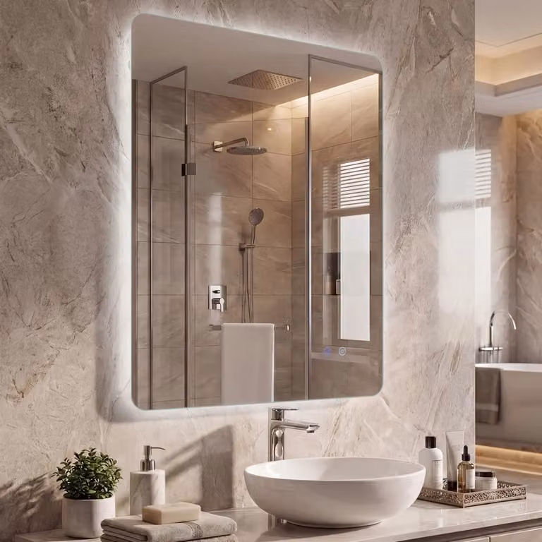 Specchio da bagno rettangolare Design Mania con LED retroilluminato, luminosità regolabile e funzione anti-appannamento, L: 80 cm, H: 60 cm