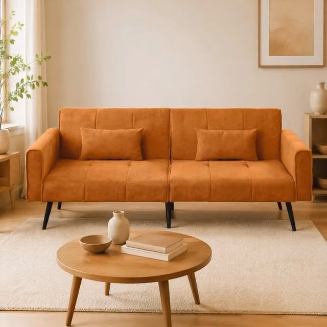 Divano in velluto a coste arancione 175x71x71 cm con piedi in metallo