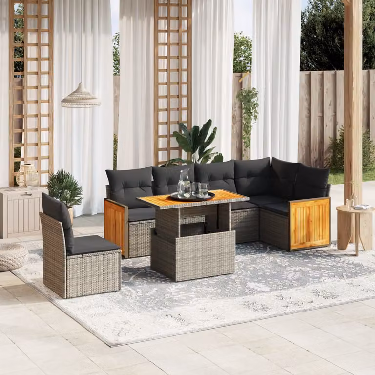 Set di divani da giardino vidaXL in polyrattan grigio con cuscini, tavolino e sedute a L per esterno