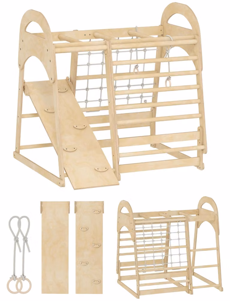 Struttura da gioco indoor in legno 6-in-1 con scivolo, adatta a bambini dai 3 ai 6 anni | Colore: Marrone