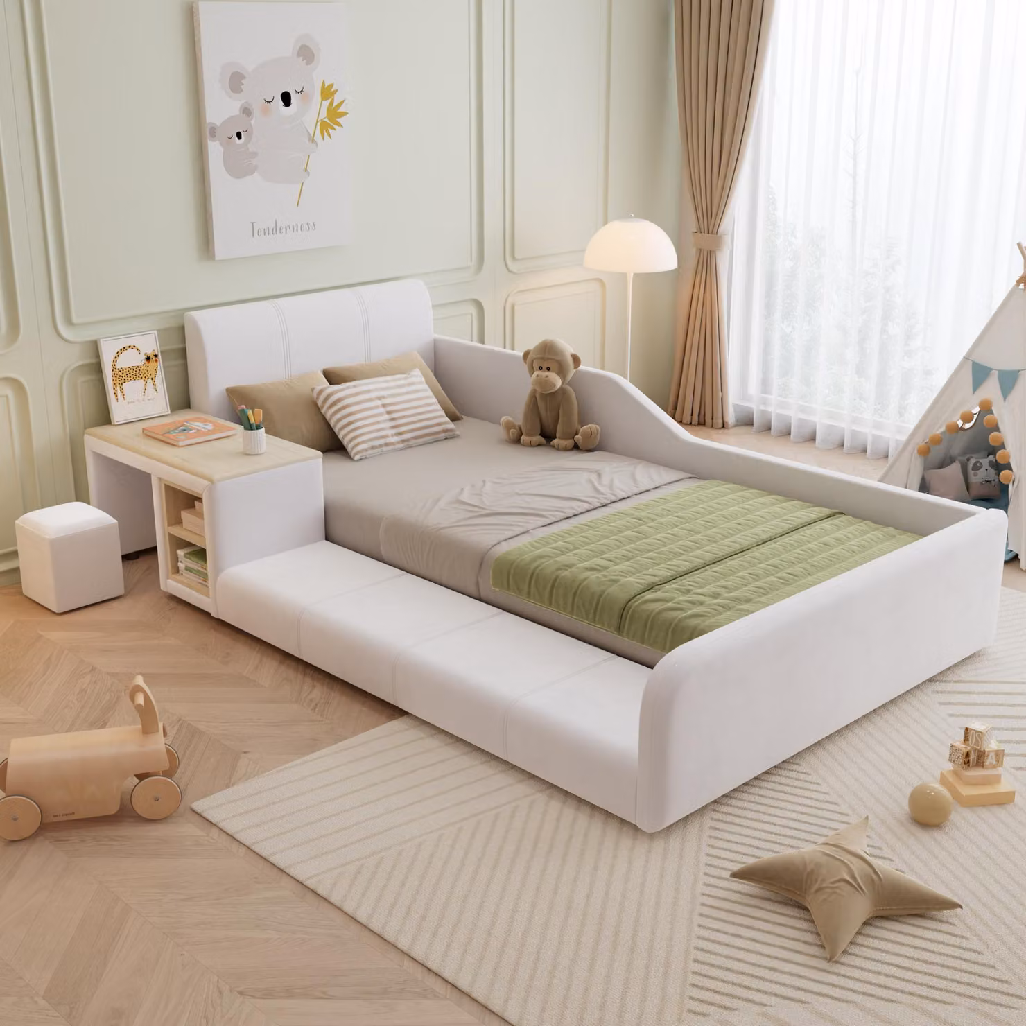 Letto imbottito Merax 90x200 con scrivania e sgabello, letto per bambini con testata in morbido velluto, letto singolo con ripiano e robuste doghe in legno, bianco