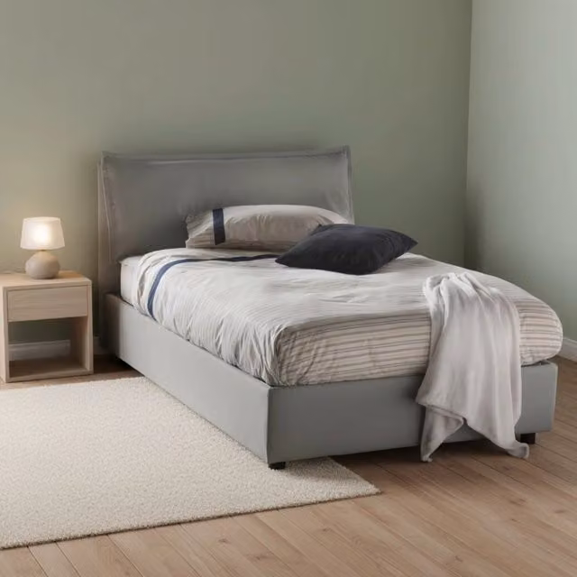 Letto contenitore moderno Talamo Italia con base a sollevamento, rivestimento in tessuto grigio, L/P/H: 120 x 200 x 35 cm