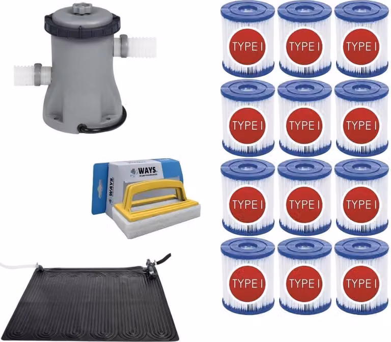 WAYS - Cura della piscina - Solarmat & pompa filtro 1249 L/h & 12 filtri tipo I & spazzola WAYS