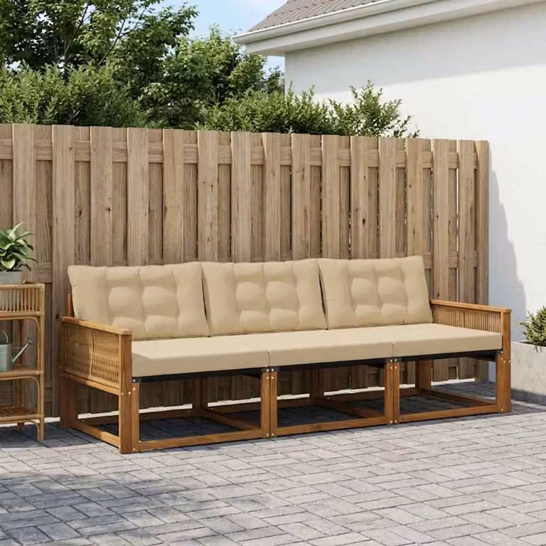 Set di divani da esterno vidaXL in legno di acacia e textilene, 3 pezzi, colore beige e naturale, con cuscini inclusi e rivestimenti rimovibili