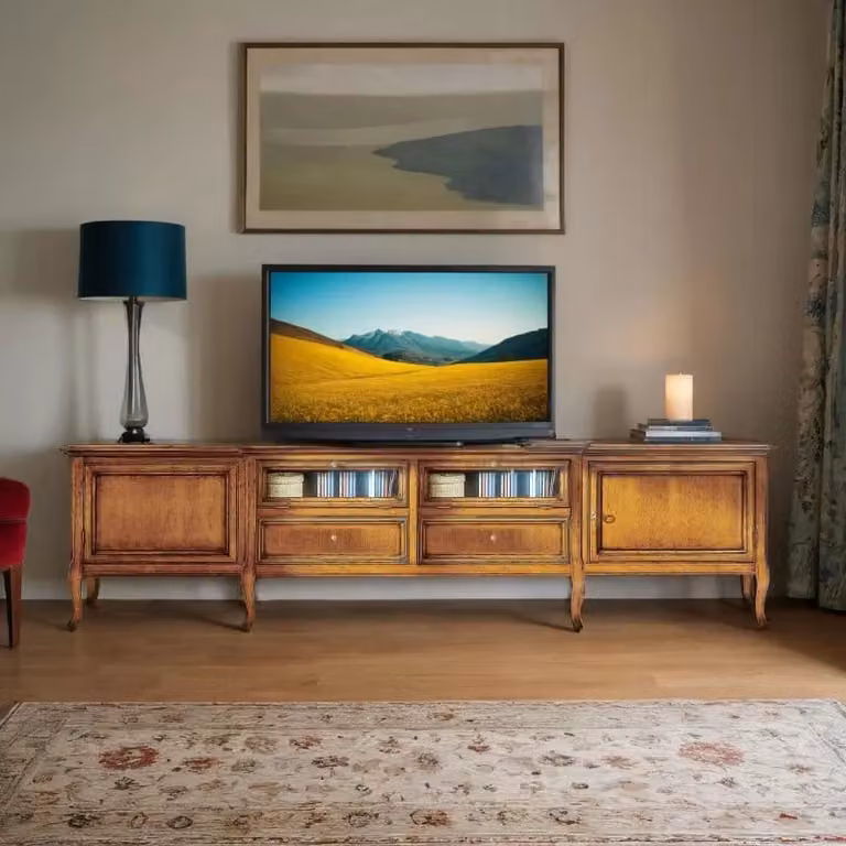 Porta TV classico in legno Mobili 2G con 2 ante, 2 cassetti e 2 ribalte, finitura bassano, L: 220 cm, P: 50 cm, H: 55 cm