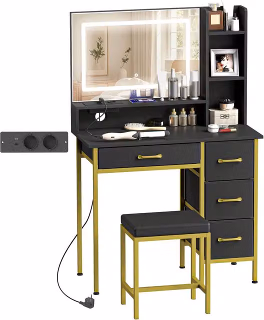 Cassettiera HOMCOM con specchio e luci LED integrata, colore nero, stile moderno