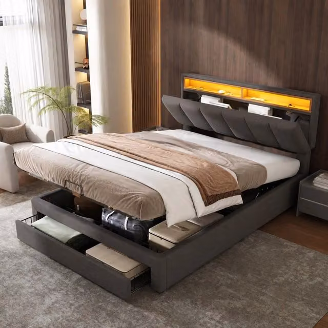Letto imbottito 140x200 cm con LED; rete a doghe e vano contenitivo; grigio