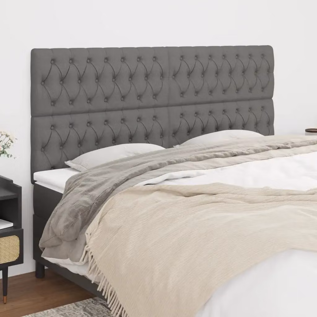Testiera in tessuto grigio scuro con pannello imbottito e struttura in legno e MDF, L: 200 cm, P: 7 cm, H: 118/128 cm – 2