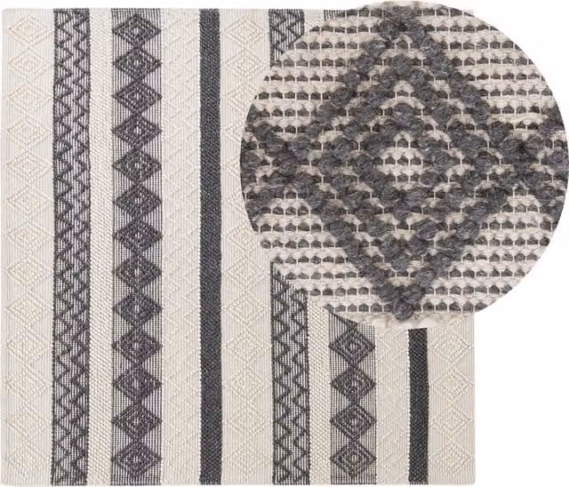Tappeto Beliani intrecciato a mano in lana e poliestere con motivo geometrico boho, beige e grigio, 200 x 200 cm – 1