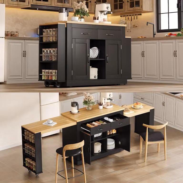Isola da cucina con 2 piani di lavoro estraibili, prese di corrente, ruote, colore nero
