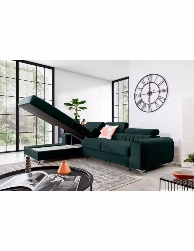 Divano ad angolo sinistro JAYSON MEUBLORAMA verde, trasformabile a 3 posti con funzione letto, schienale sagomato e poggiatesta regolabile, L: 278 cm, P: 205 cm, H: 103 cm – 2